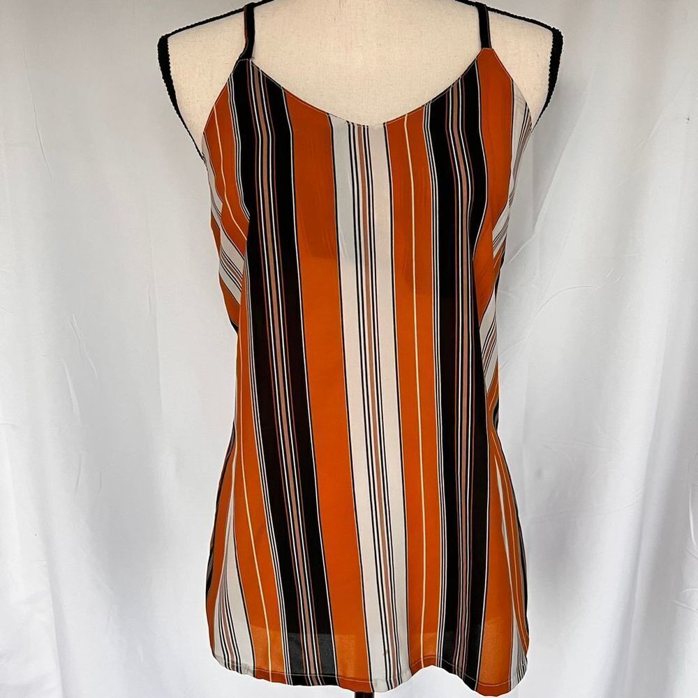 Women's Gold, Black & White Striped V-Neck Tank Top, M​​​​